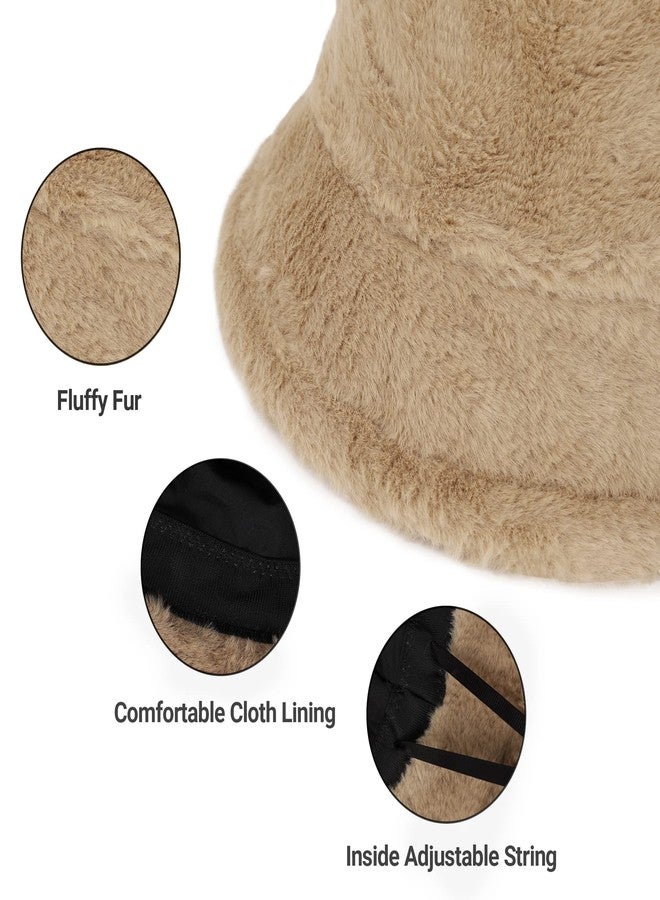 Umeepar Winter Faux Fur Fuzzy Bucket Hat Fluffy Warm Hat for Women Men (Plain Khaki) - Image 4